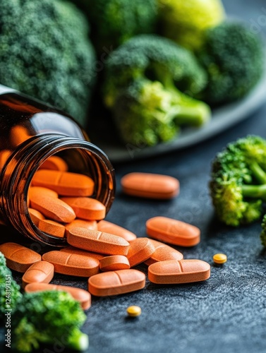 Vitamin Pills Spill from Amber Bottle Kitchen Counter Photography Close-Up Fresh Broccoli Background