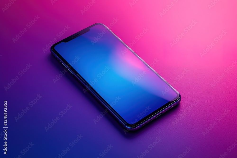 Sleek smartphone on vibrant gradient background with a glowing blue screen and modern design Sleek smartphone on vibrant gradient background with a glowing blue screen and modern design