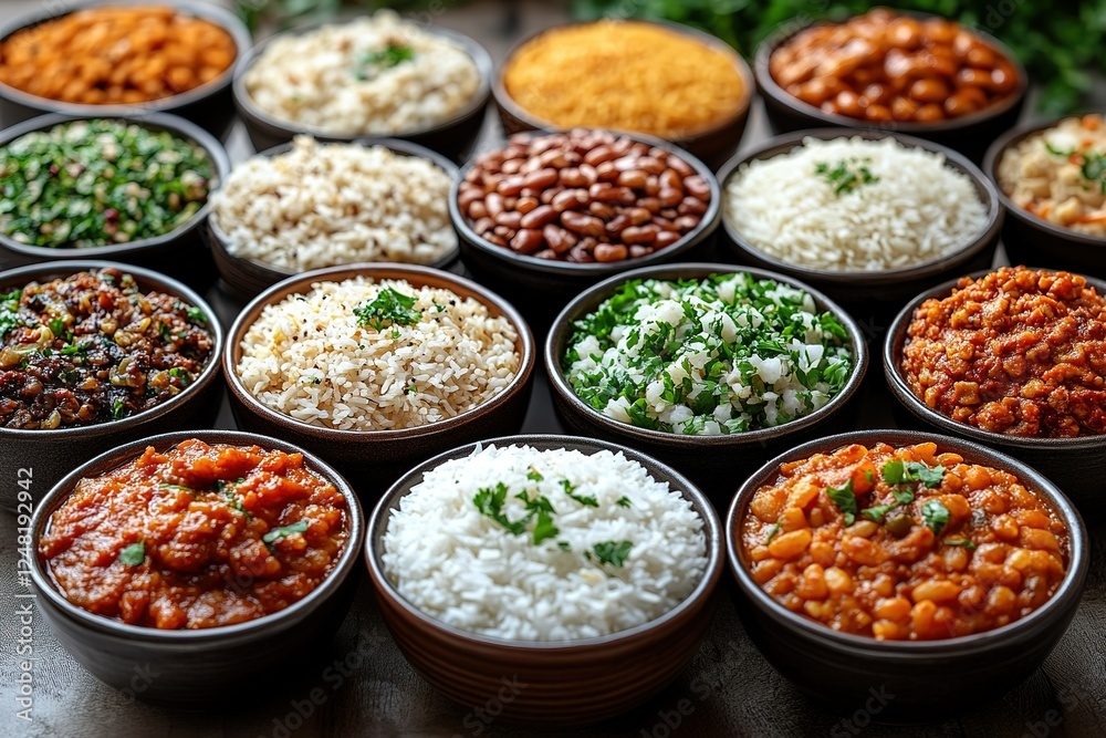 Diverse assortment of rice and beans dishes presented in individual bowls showcasing a variety of cooking styles and vibrant colors Diverse assortment of rice and beans dishes presented in individual bowls showcasing a variety of cooking styles and vibrant colors