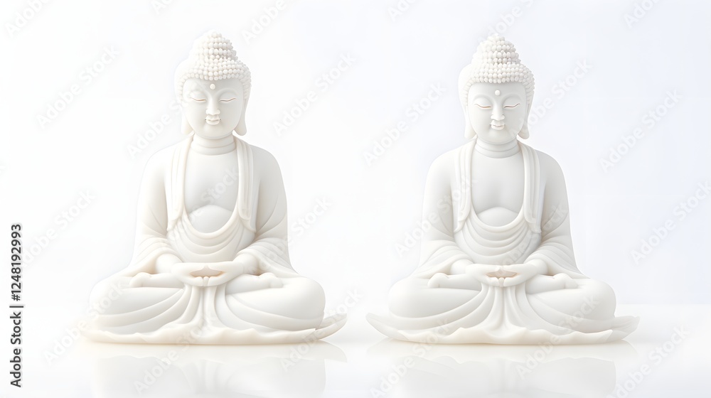 Two Buddha statues one in a meditative pose and the other in a blessing gesture represent the balance and harmony of spiritual practices on a pure white background Two Buddha statues one in a meditative pose and the other in a blessing gesture represent the balance and harmony of spiritual practices on a pure white background