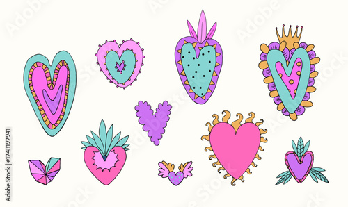 Cute cartoon hearts. Set of brightly colored drawn hearts.