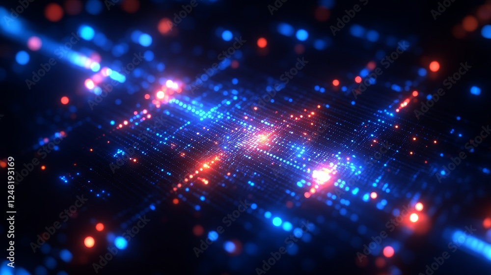 Obraz premium Abstract Digital Data Stream Network Red Blue Glowing Particles Futuristic Technology Background