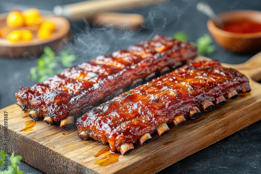 Smoked Barbecue Ribs with Glaze on Wooden Board
Smoked Barbecue Ribs with Glaze on Wooden Board