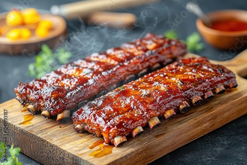 Wallpaper Mural Smoked Barbecue Ribs with Glaze on Wooden Board  
 Torontodigital.ca