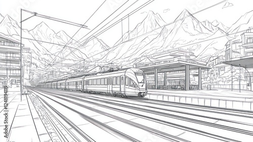 Train arriving at mountain station, scenic backdrop