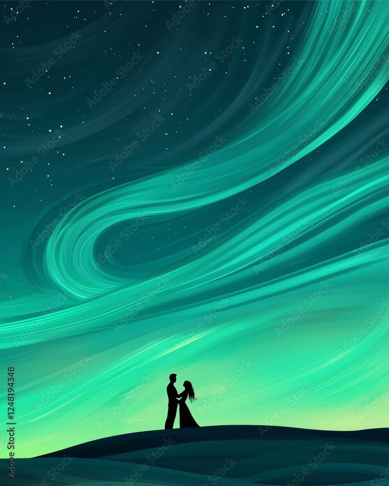 Fototapeta premium A couple stands silhouetted against a vibrant night sky filled with swirling auroras and twinkling stars, creating a romantic and enchanting atmosphere.