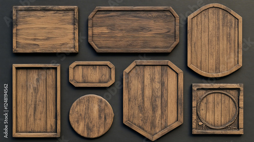Fototapeta Naklejka Na Ścianę i Meble -  Sign board with brown wood texture. Realistic 3d vector illustration set of wooden rectangle, circle and square frame. Rustic signboard plank for title and text box. Timber billboard plaque.