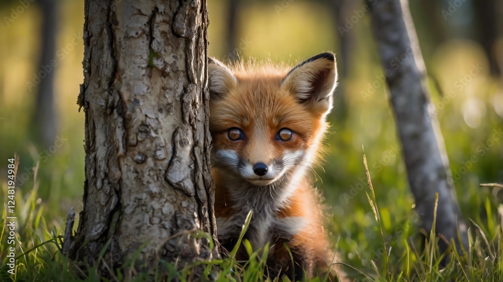Fototapeta premium Baby Fox Peeking from Behind a Tree