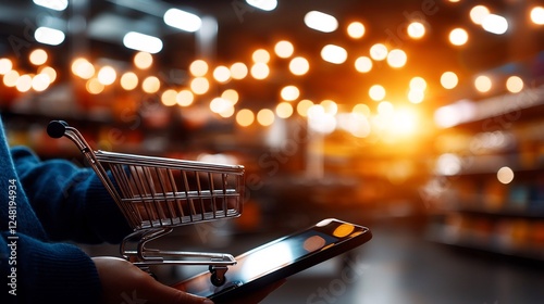 Close Up of a Hand Holding a Digital Tablet in a Grocery photo