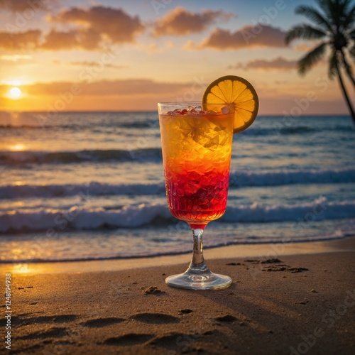 A vibrant vodka sunrise cocktail with layers of red, orange, and yellow, set against a tropical beach background.