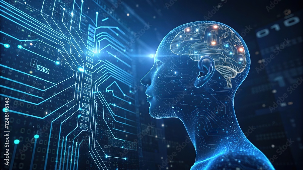 Artificial intelligence concept with glowing brain and circuit patterns inside a human head profile representing ai technology and machine learning Artificial intelligence concept with glowing brain and circuit patterns inside a human head profile representing ai technology and machine learning