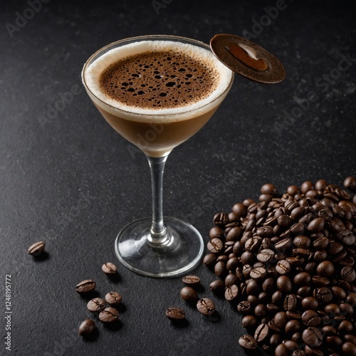 A top-down view of an espresso martini with frothy foam, garnished with three coffee beans, on a sleek black surface.