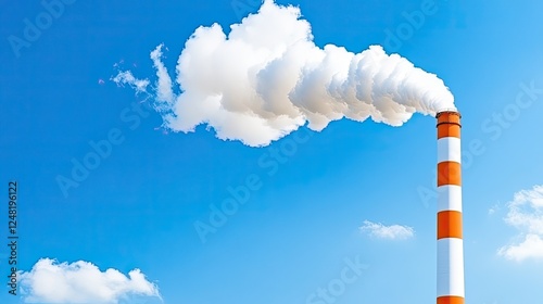 Industrial smokestack releasing white smoke against a clear blue sky with scattered clouds