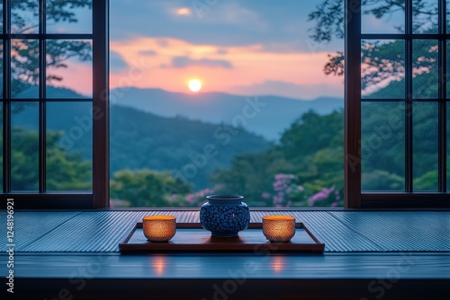 Sunset serenity: Vase and candles on windowsill with mountain view evoke peaceful calm in nature photo