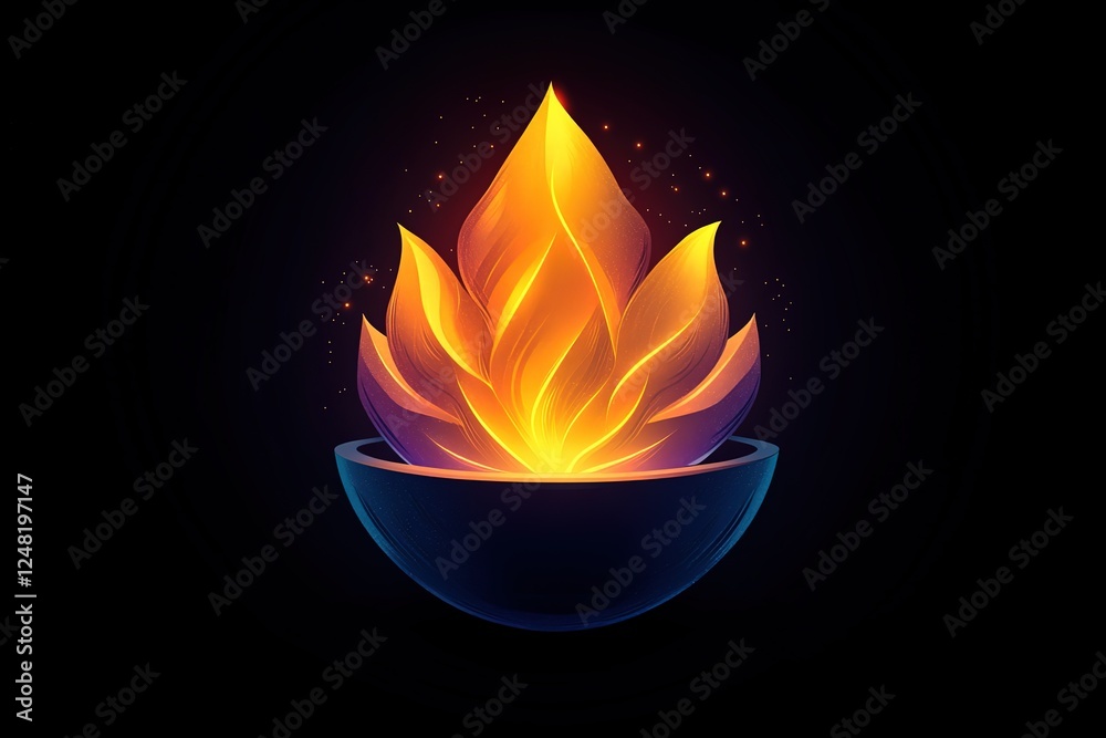 Stylized depiction of a bright abstract flame emanating from a dark bowl set against a contrasting black backdrop Stylized depiction of a bright abstract flame emanating from a dark bowl set against a contrasting black backdrop