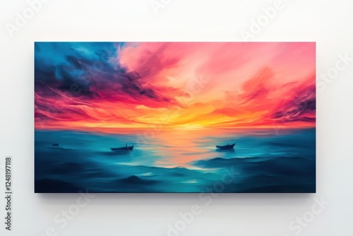 Vivid sunset over tranquil waters with fishing boats silhouetted against a colorful horizon