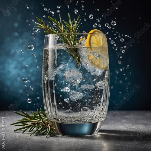 A crystal glass filled with a classic vodka tonic, effervescent bubbles rising to the top, with a sprig of rosemary as garnish.