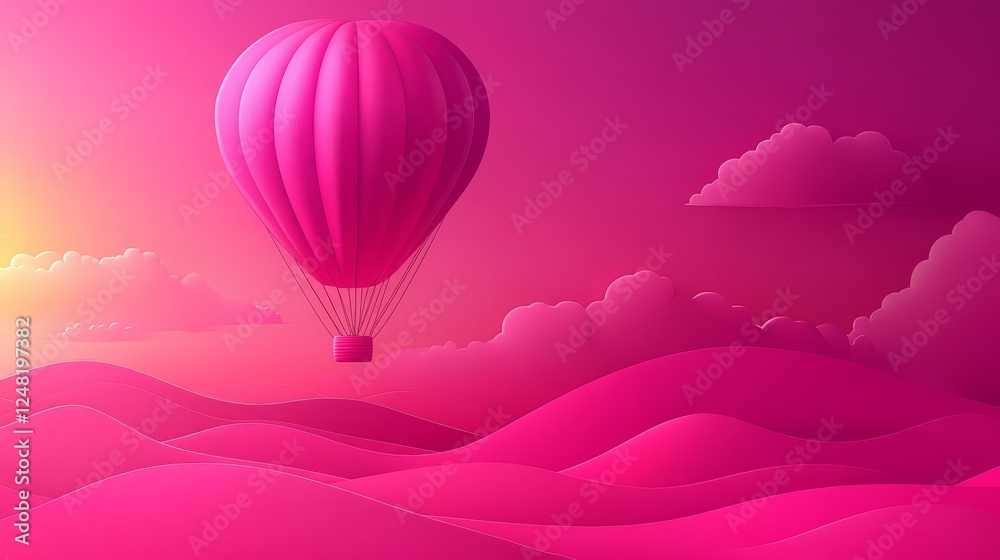 Fototapeta premium PinkHotAirBalloonSunriseDreamyFantasyLandscapeIllustration