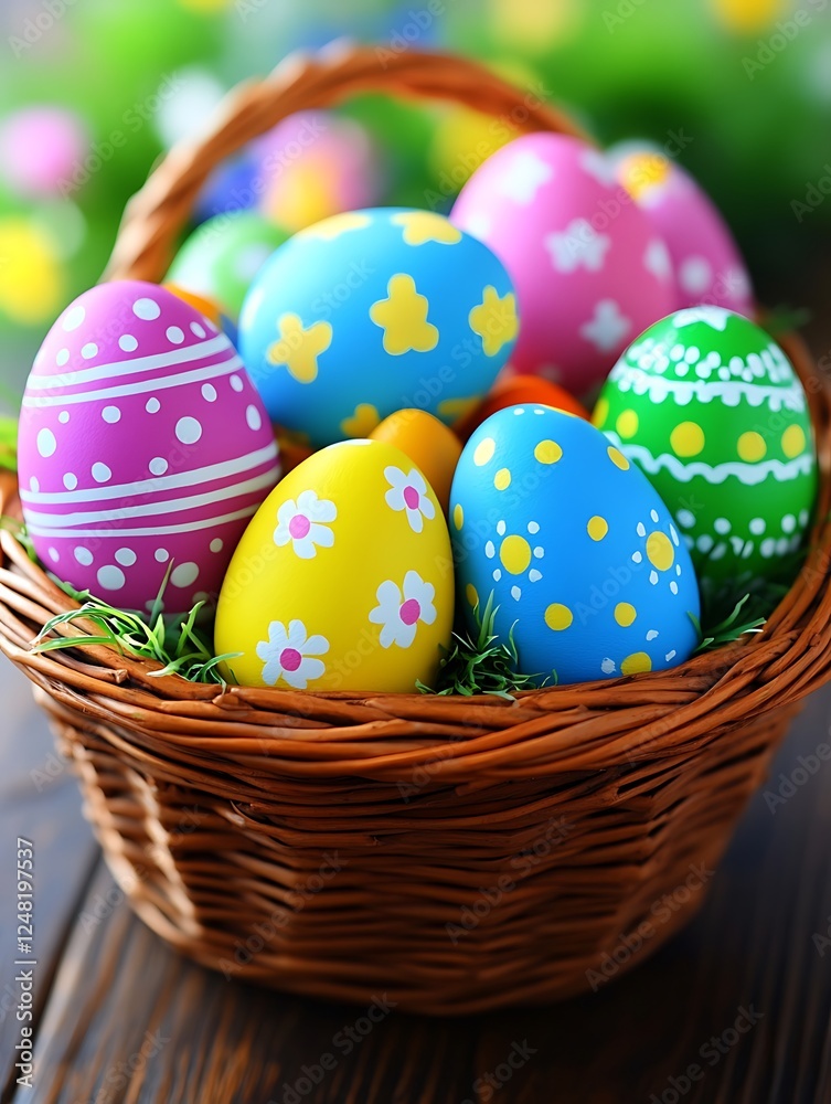This elegantly composed photograph features a classic Easter scene with a decorative basket filled with colorful eggs and fresh spring blooms. The basket is carefully centered on a bright white This elegantly composed photograph features a classic Easter scene with a decorative basket filled with colorful eggs and fresh spring blooms. The basket is carefully centered on a bright white