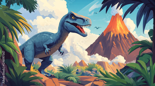 Dinosaur virtual park banners. VR technologies, augmented reality with ancient reptiles. Vector set of website templates with cartoon landscape of jurassic era with dino characters and volcano photo