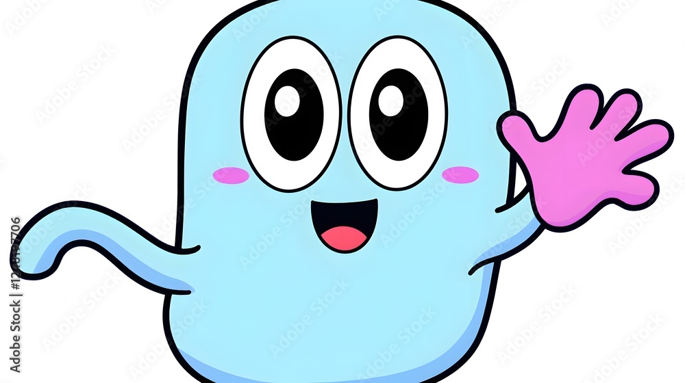 Cheerful and friendly cartoon character with bold outlines and soft pastel colors waving on a minimalist white background perfect for branding UI design or digital Cheerful and friendly cartoon character with bold outlines and soft pastel colors waving on a minimalist white background perfect for branding UI design or digital