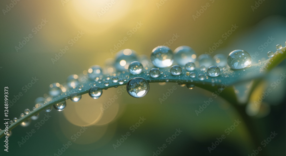 spherical dew drops clinging to the emerald green, slightly waxy leaf of a young plant, illuminated by a soft, warm, and gentle morning light spherical dew drops clinging to the emerald green, slightly waxy leaf of a young plant, illuminated by a soft, warm, and gentle morning light