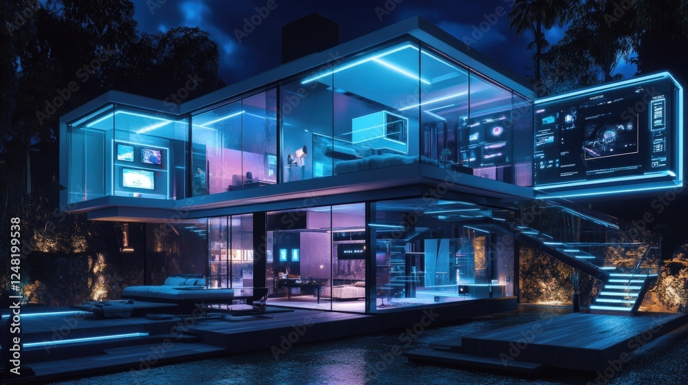 Futuristic transparent house illuminated with neon lights at night Futuristic transparent house illuminated with neon lights at night