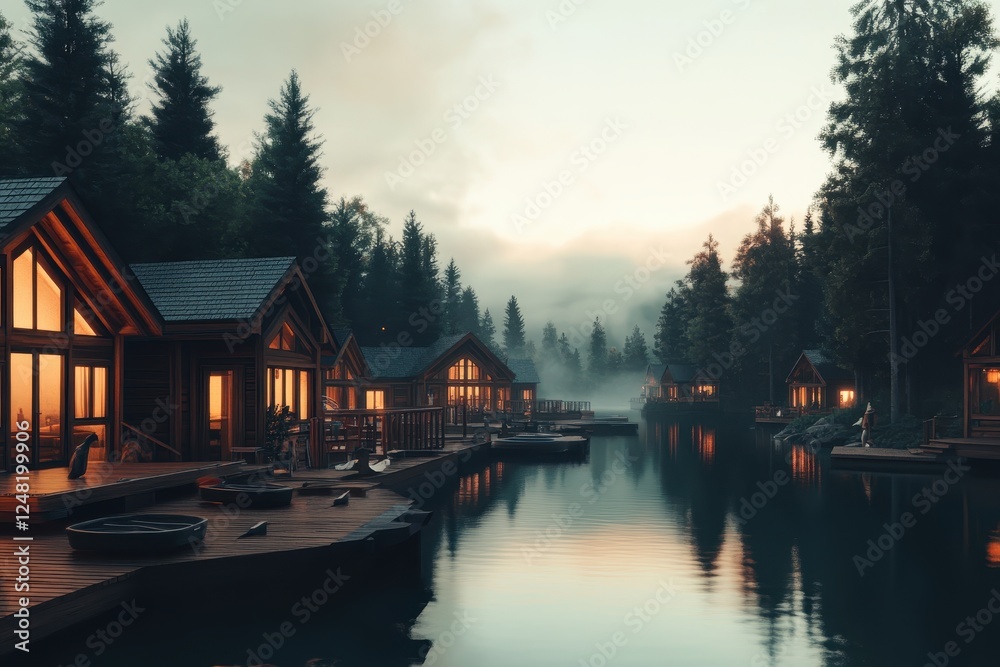 Obraz premium Cozy wooden cabins by the tranquil lake at dawn enveloped in mist create a serene escape from city life