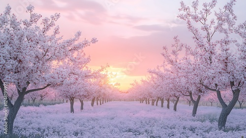 A serene spring orchard with blooming fruit trees in soft pink and white under a pastel sunrise sky