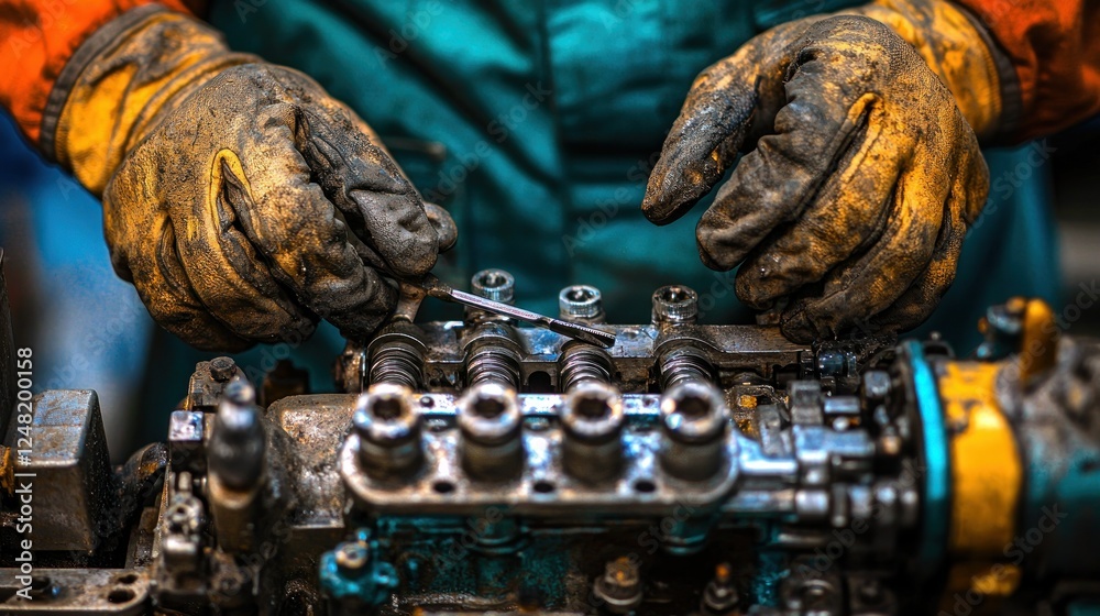 Fototapeta premium Mechanic repairing engine, workshop background, industrial maintenance