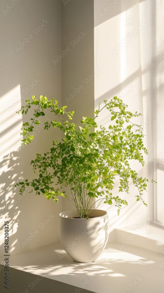 Fototapeta premium a potted maidenhair fern by the window in minimalist style of indoor plants