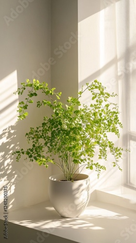 a potted maidenhair fern by the window in minimalist style of indoor plants photo