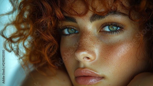 Captivating Portrait of Serene Woman with Glowing Curly Hair Emerging from Shadows