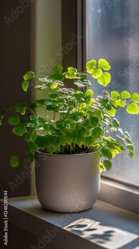a potted maidenhair fern by the window in minimalist style of indoor plants photo
