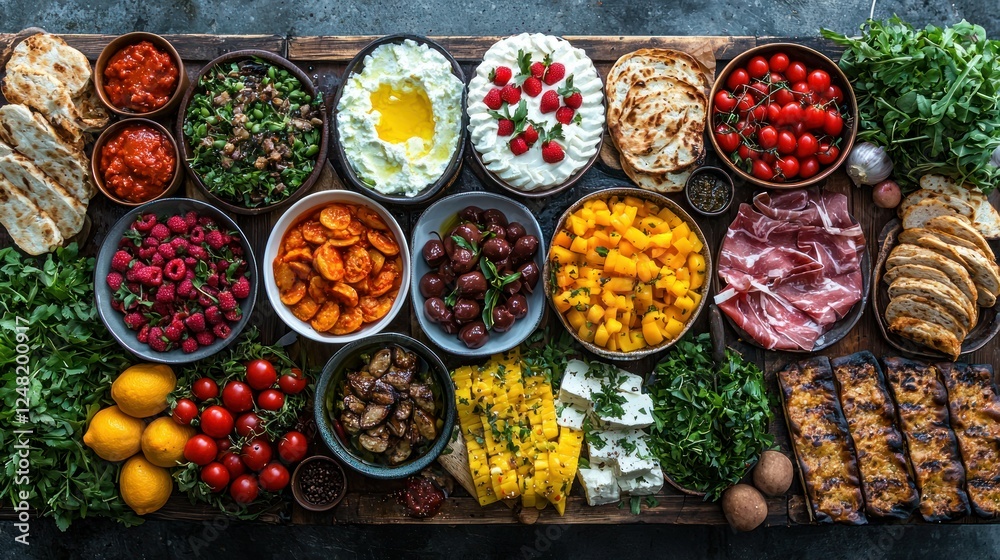 Fototapeta premium Mediterranean feast on rustic wooden board; overhead shot
