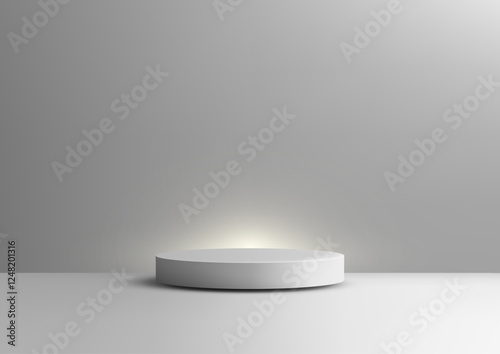 Modern white cylindrical podium on light grey background, 3d minimal product display mockup for showcase or showroom