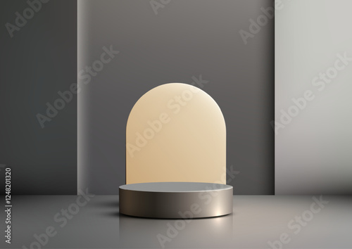 modern minimalist metallic gray cylindrical podium display mockup with warm cream illuminated panel