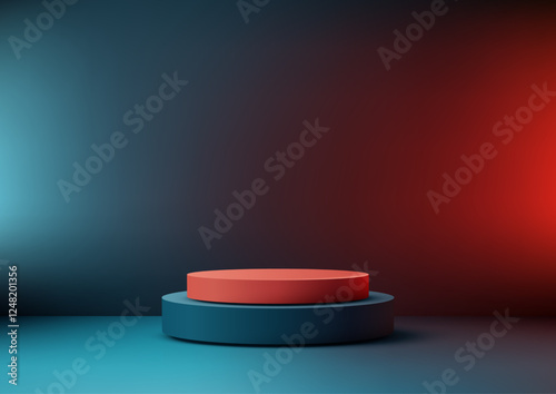 modern 3d cylindrical tiered podium display mockup with vibrant orange and blue showcase in dramatic lighting