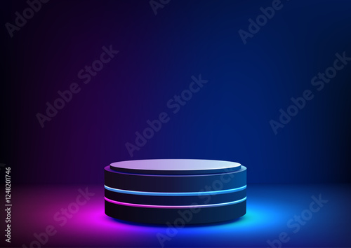 3D futuristic neon glowing podium platform for product display mockup in modern showroom