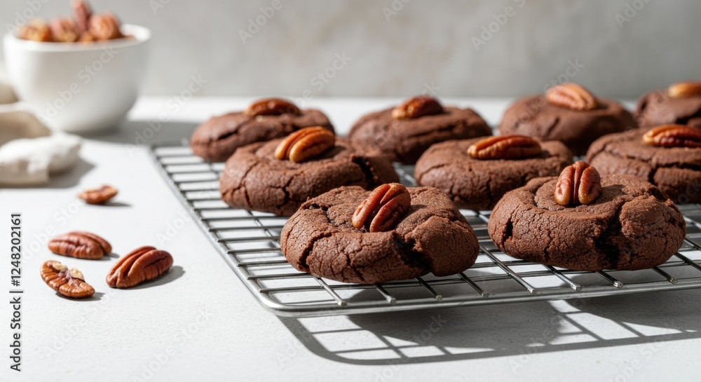 Freshly baked chocolate pecan cookies on cooling rack in sunlight Freshly baked chocolate pecan cookies on cooling rack in sunlight
