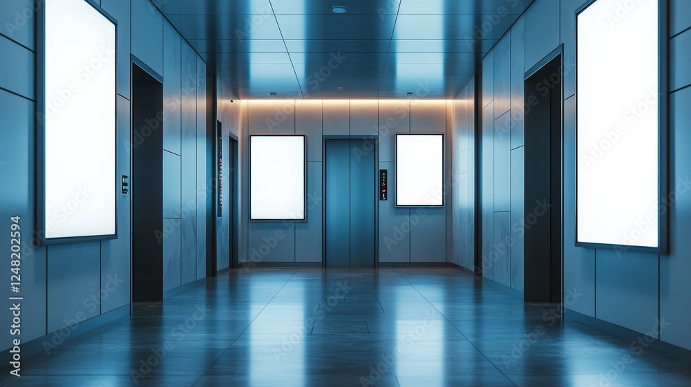 Blank billboards and elevator doors in office hallway. Vector realistic empty lobby interior with open and closed lift doors and LCD screen floor stands. Horizontal seamless background Blank billboards and elevator doors in office hallway. Vector realistic empty lobby interior with open and closed lift doors and LCD screen floor stands. Horizontal seamless background