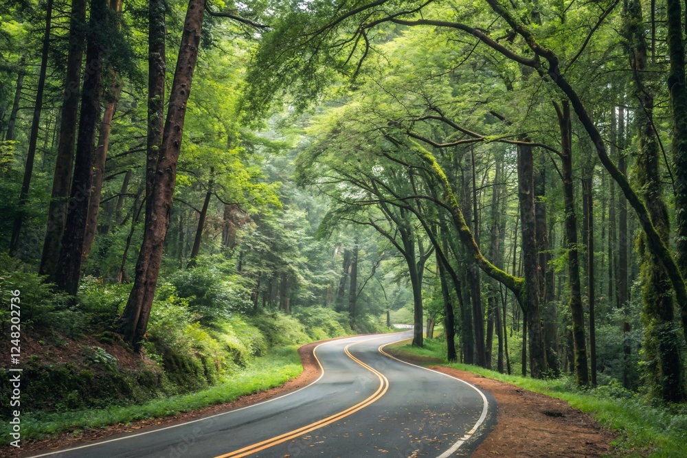 Fototapeta premium Winding Road Through Lush Green Forest: Nature Drive