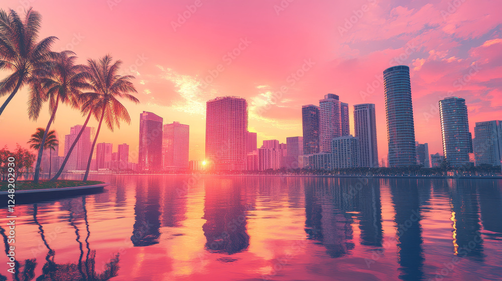Fototapeta premium Sunset city skyline architecture near the bay waterfront. Modern megalopolis with palm trees, skyscrapers reflecting in water surface under pink sky panoramic background, Cartoon vector illustration