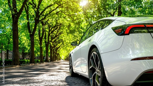 Modern electric vehicle parked on sunny street lined with lush green trees and dappled sunlight shining through