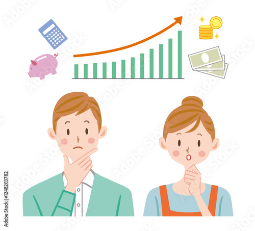 投資　お金　資産形成　考える夫婦のイラスト