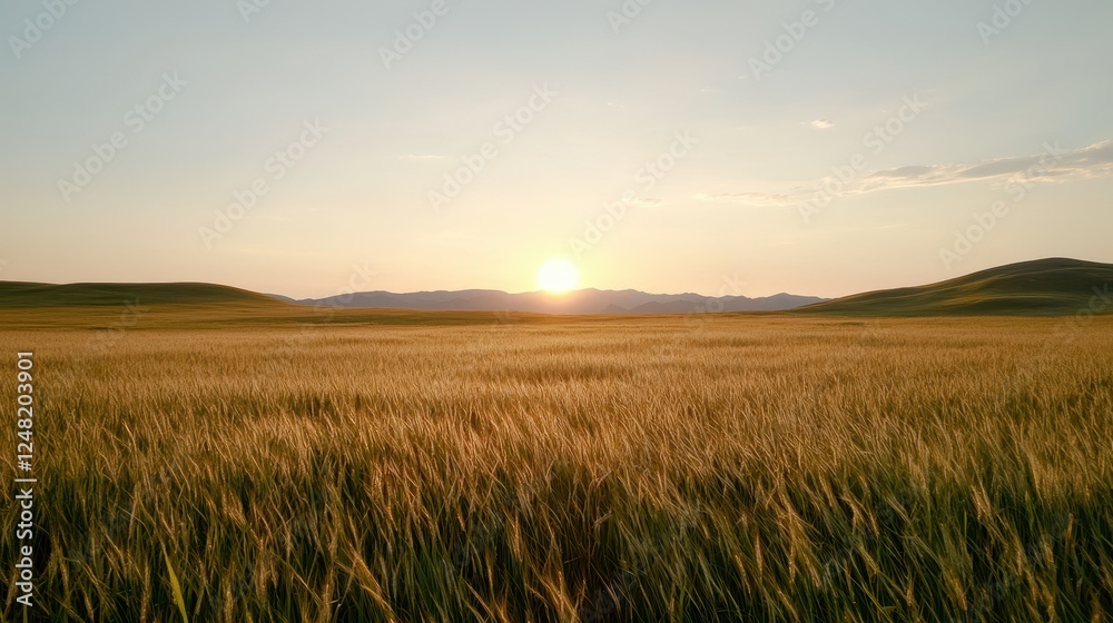 A serene landscape featuring golden fields under a sunset, with distant mountains silhouetted against the colorful sky. A serene landscape featuring golden fields under a sunset, with distant mountains silhouetted against the colorful sky.