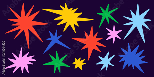 Doodle star set. Colorful hand drawn sparkle shapes collection. Bright irregular twinkles