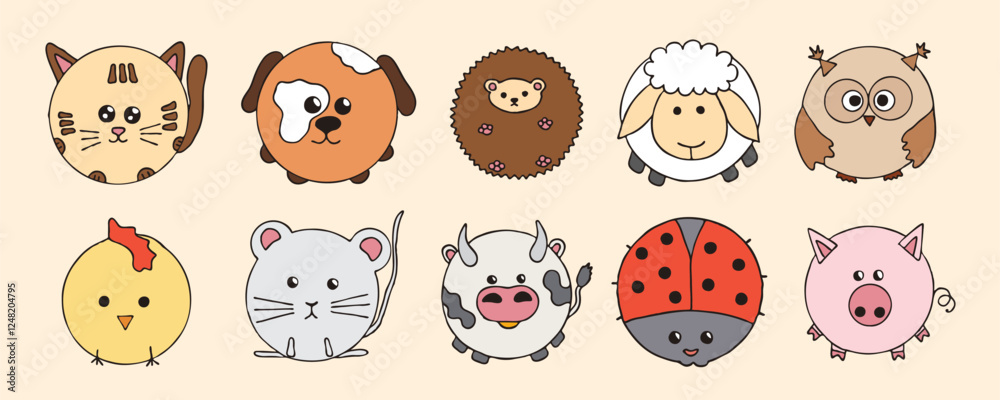 Cute doodle round animals childish style. Cat, dog, hedgehog, sheep, owl, chicken, mouse, ladybug, pig Cute doodle round animals childish style. Cat, dog, hedgehog, sheep, owl, chicken, mouse, ladybug, pig