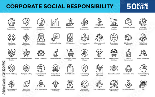 Corporate Social Responsibility icons set with economic responsibility, supporting local business, sustainable development, impact investing, microfinance icon. Simple line vector 
