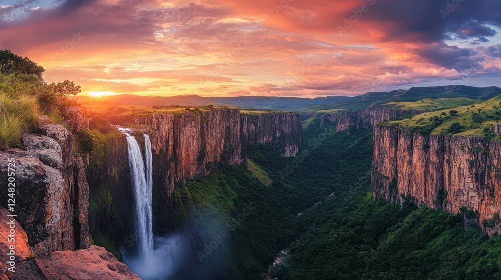 Fototapeta premium Waterfall Sunset Canyon Landscape